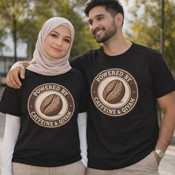 Powered by Caffeine & Qiyam – Faith-Inspired Coffee Lover Islamic T-Shirt